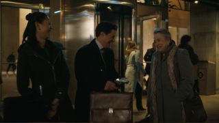 Leah Lewis, David Del Rio, and Kathy Bates share a laugh outside of the office in Matlock.