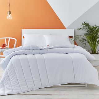 bedroom with orange and white wall with bed