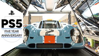 A shiny car from Gran Tursimo 7 in a garage, with the PS5 five year anniversary GamesRadar+ frame along the side