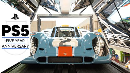 A shiny car from Gran Tursimo 7 in a garage, with the PS5 five year anniversary GamesRadar+ frame along the side