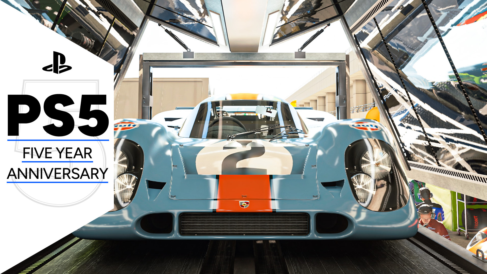 A shiny car from Gran Tursimo 7 in a garage, with the PS5 five year anniversary GamesRadar+ frame along the side