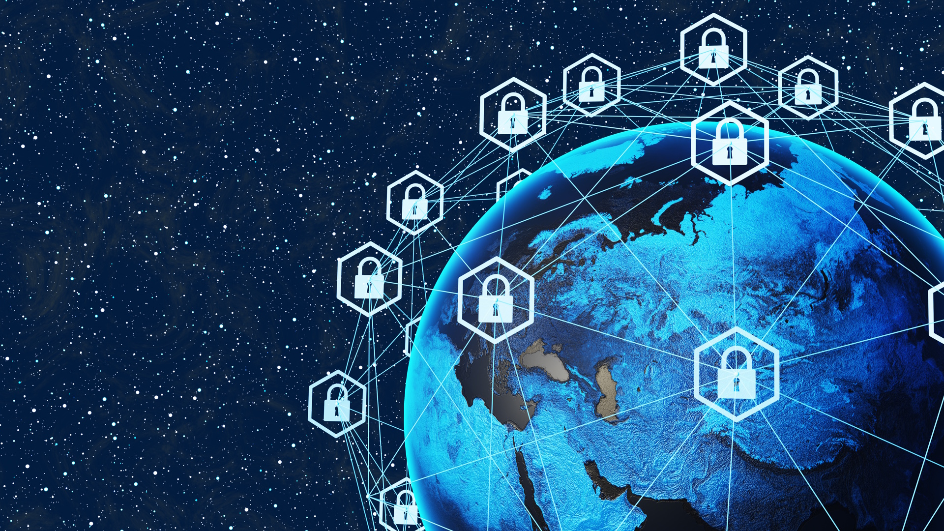 Interconnected wire mesh with padlock icons at its nodes surrounding the planet Earth in outer space. Illustration of the concept of cybersecurity, secured data transmission protocols and VPN.