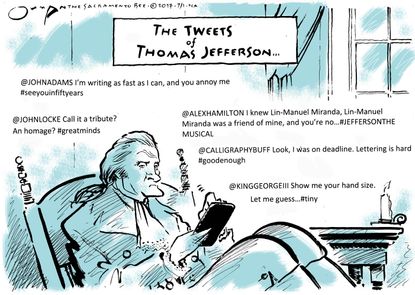 Political cartoon U.S. Trump tweets Thomas Jefferson tweets