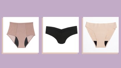 three pairs of the best period underwear on purple background