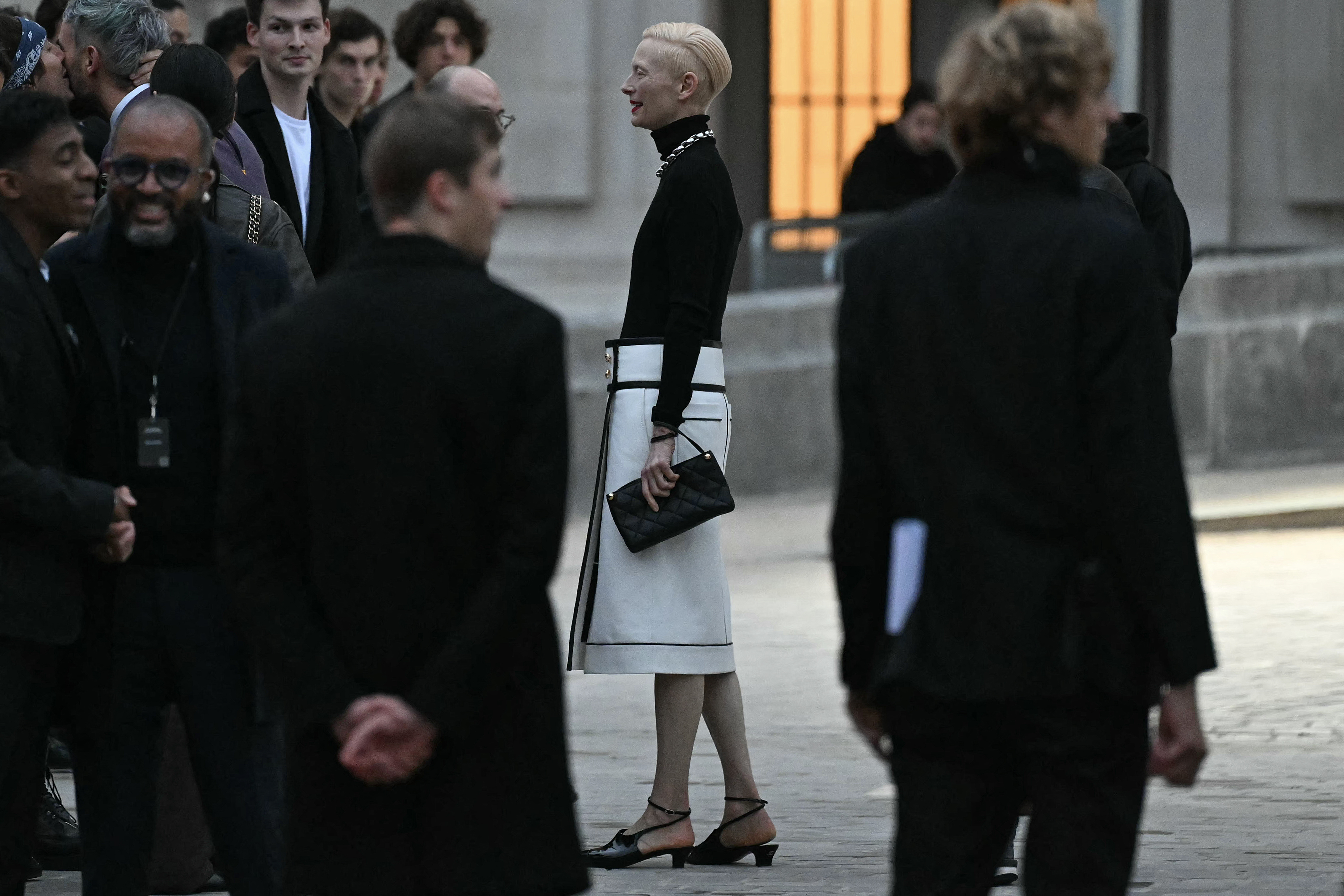 Tilda Swinton arriving at Chanel