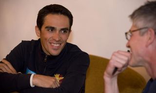 Alberto Contador shares a joke with Peter Cossins at the Tour of Algarve