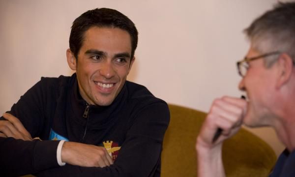 Alberto Contador shares a joke with Peter Cossins at the Tour of Algarve