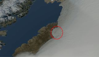 An aerial view of northwest Greenland, with the location of what appears to be a giant impact crater circled in red.