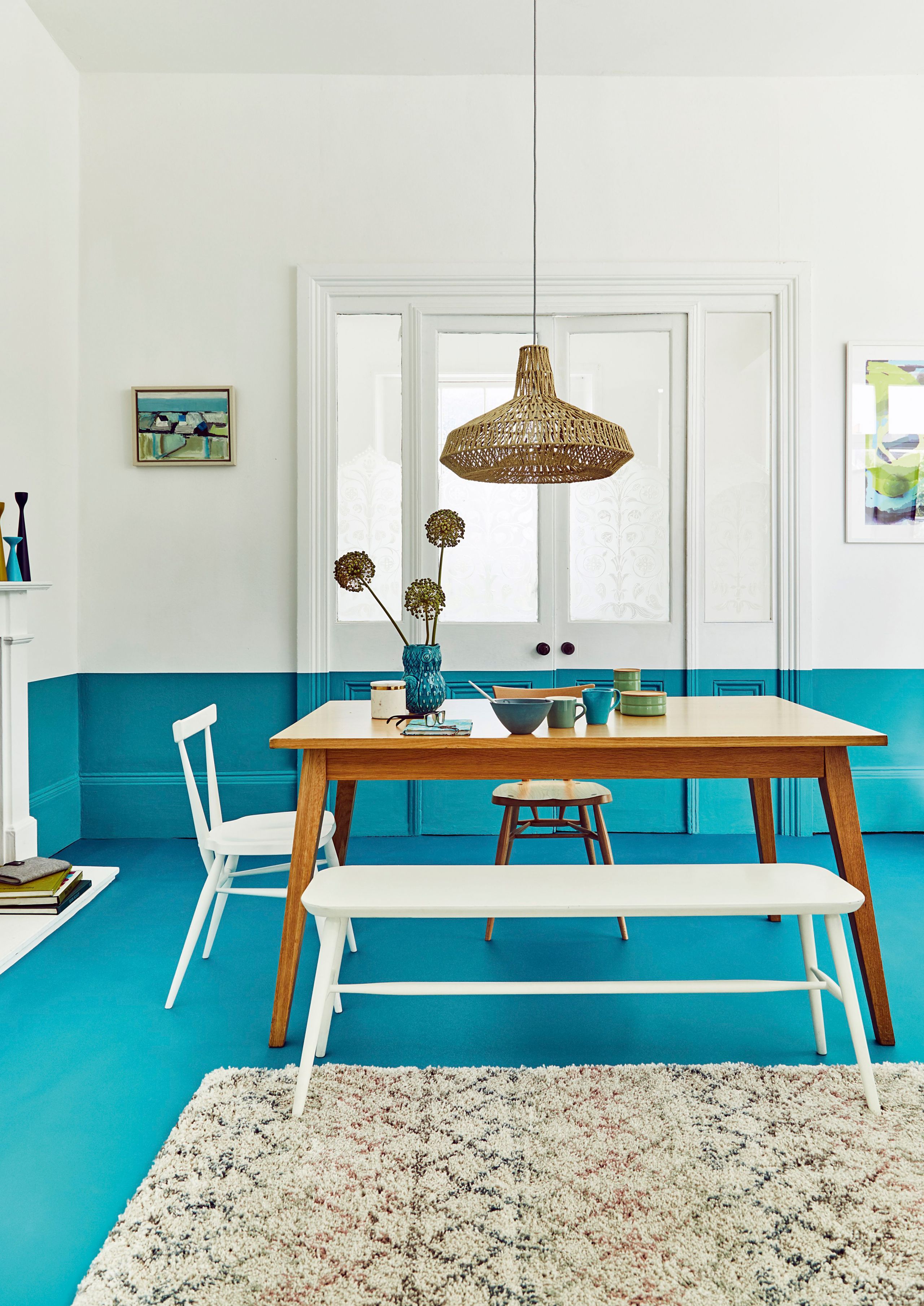 True Colours UNI 574 vinyl flooring, £22.99 per m 2 ; Noble geometric mint rug, from £48.99, both Carpetright. For similar paint, try Dance Hall Period collection flat matt, £21.50 for 2.5ltrs, Crown