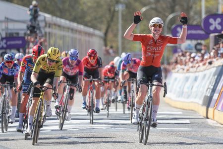 SCHOTEN, BELGIUM - APRIL 08: Charlotte Kool of Netherlands and Team Fenix-Premier Tech (R) celebrates at finish line as stage winner ahead of Nienke Veenhoven of Netherlands and Team Visma | Lease a Bike (C) and Elisa Balsamo of Italy and Team Lidl - Trek (L) during the 6th Scheldeprijs 2026, Women's Elite a 130.3km one day race from Schoten to Schoten / #UCIWWT / on April 08, 2026 in Schoten, Belgium. (Photo by Rhode Van Elsen/Getty Images)