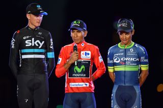Nairo Quintana makes his winners speech from the podium