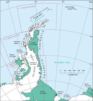 The location of the Larsen Ice Shelf, on the West Antarctic Peninsula