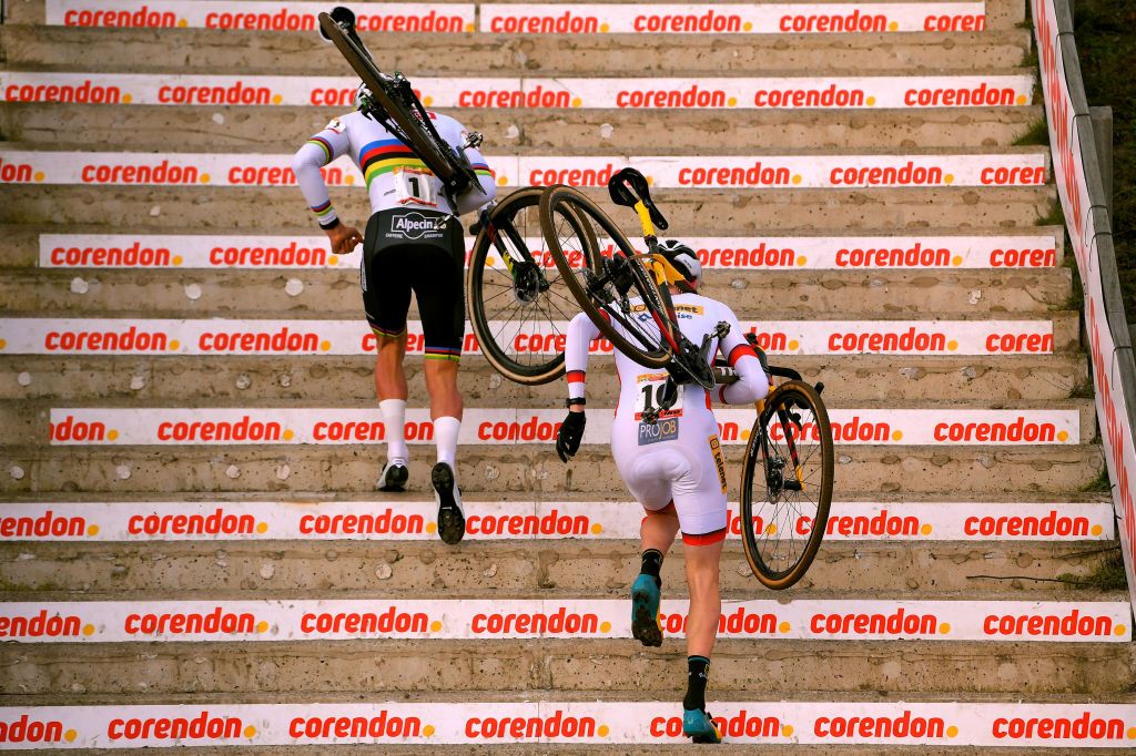 HOOGERHEIDE NETHERLANDS JANUARY 26 Mathieu Van Der Poel of The Netherlands and AlpecinFenix Team Toon Aerts of Belgium and Team Telenet Baloise Lions during the 31st WC GP Adrie Van der Poel Hoogerheide 2020 Men Elite UCICX TelenetUCICXWC on January 26 2020 in Hoogerheide Netherlands Photo by Luc ClaessenGetty Images