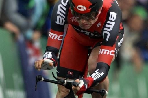 Defending Tour de Romandie champion Cadel Evans (BMC) rode in wet conditions and finished 20 seconds off the winning time.