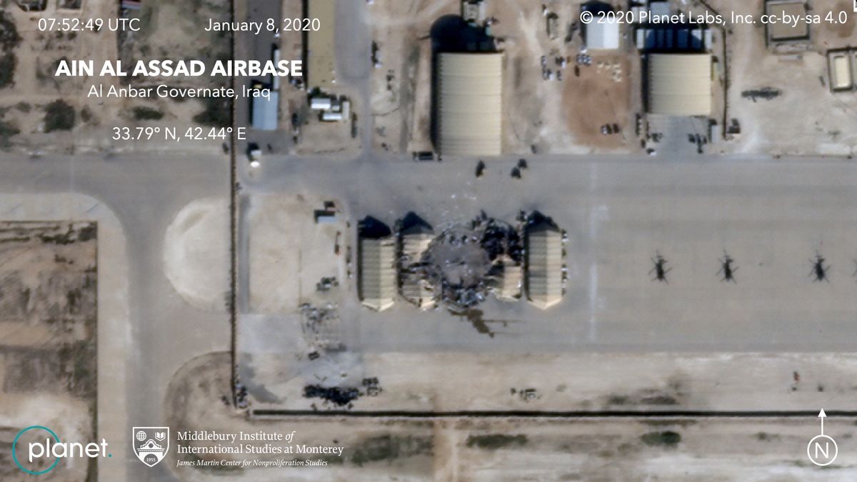 A closeup of the wreckage at Iraq&#039;s al-Asad airbase, as captured on Jan. 8, 2020, by one of Planet&#039;s SkySat satellites. 