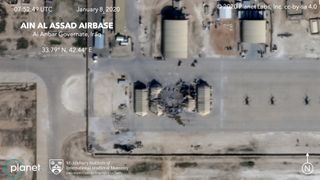 A closeup of the wreckage at Iraq's al-Asad airbase, as captured on Jan. 8, 2020, by one of Planet's SkySat satellites. 