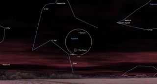 An illustration of the night sky on the morning April 16 showing the moon and Saturn in close proximity.