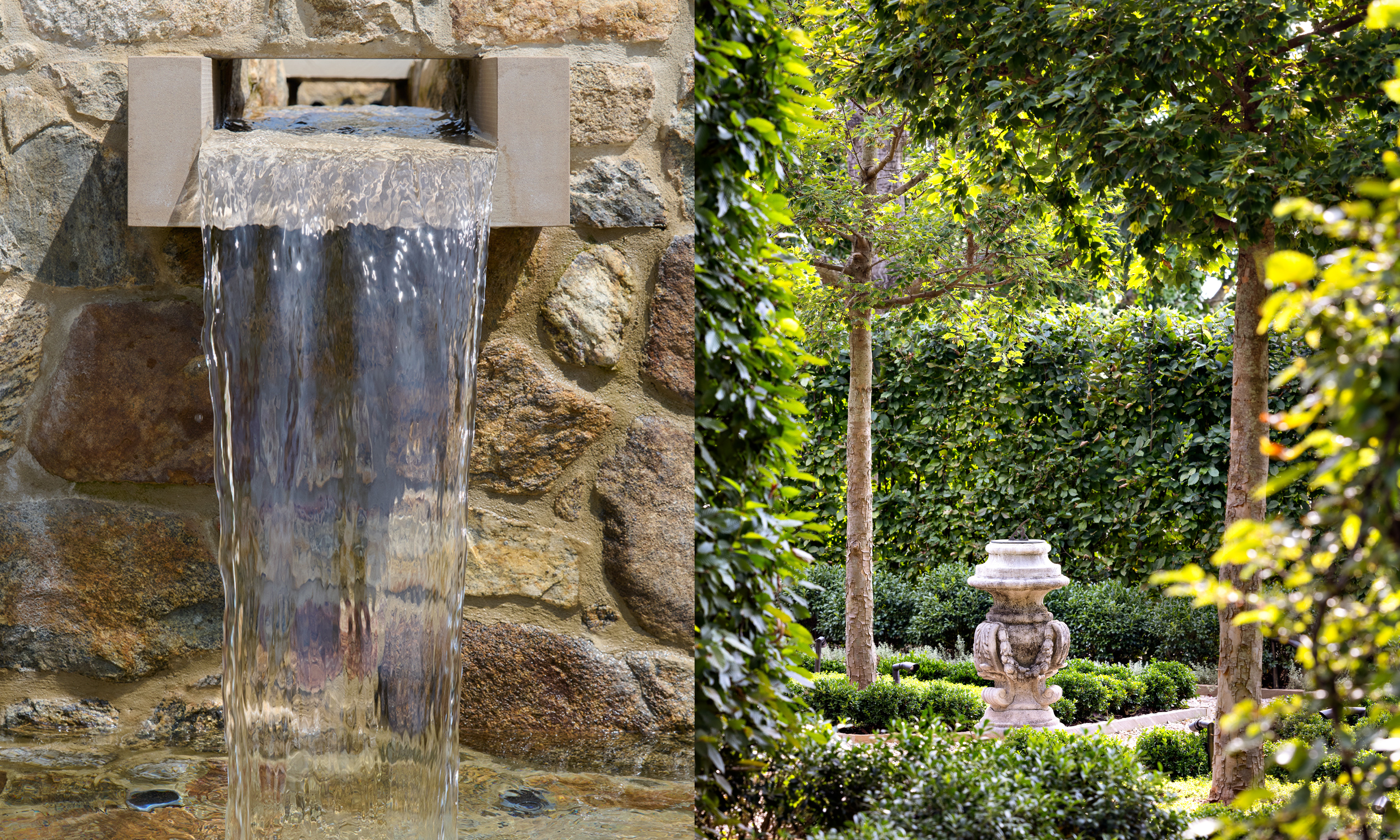 Close up of water rill next to image of mature beech trees and hedges