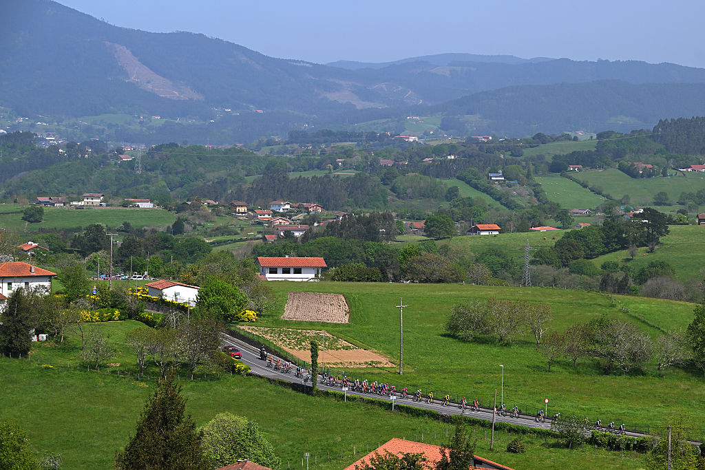 GALDAKAO, SPAIN - APRIL 09: A general view of the peloton competing during the 65th Itzulia Basque Country 2026, Stage 4 a 167.2km stage from Galdakao to Galdakao on / #UCIWT / April 09, 2026 in Galdakao, Spain. (Photo by Tim de Waele/Getty Images)