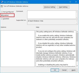 Windows Defender Antivirus Group Policy disable option