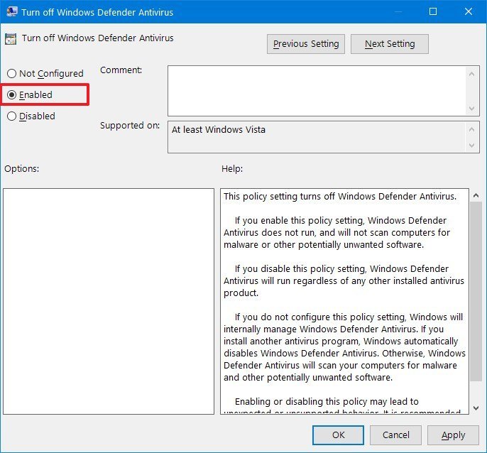 Windows Defender Antivirus Group Policy disable option