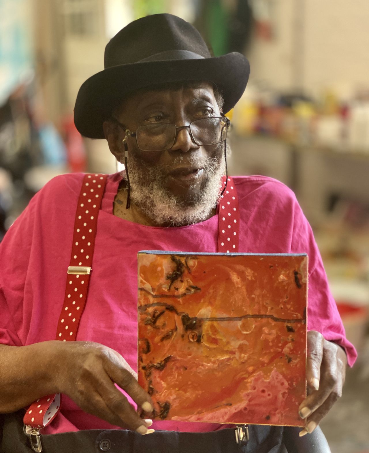 Frank Bowling with his work, Lying Down One, from Cube3 at bonhams, showing alongside tracey emin and Ron Arad