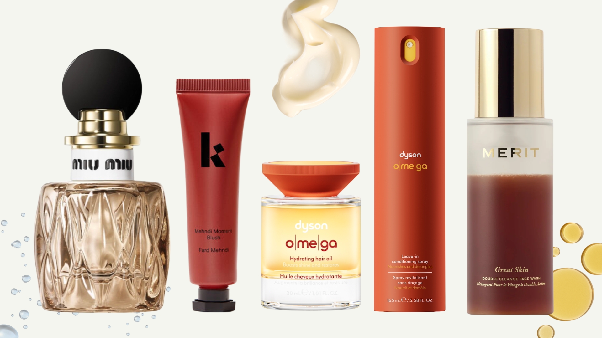 Best new beauty launches in August 2025 (L-R) Miu Miu Miutine Fragrance, Kulfi Beauty Cream Blush, Dyson Omega Range and Merit Beauty&#039;s cleanser, on a cream background with product swatches