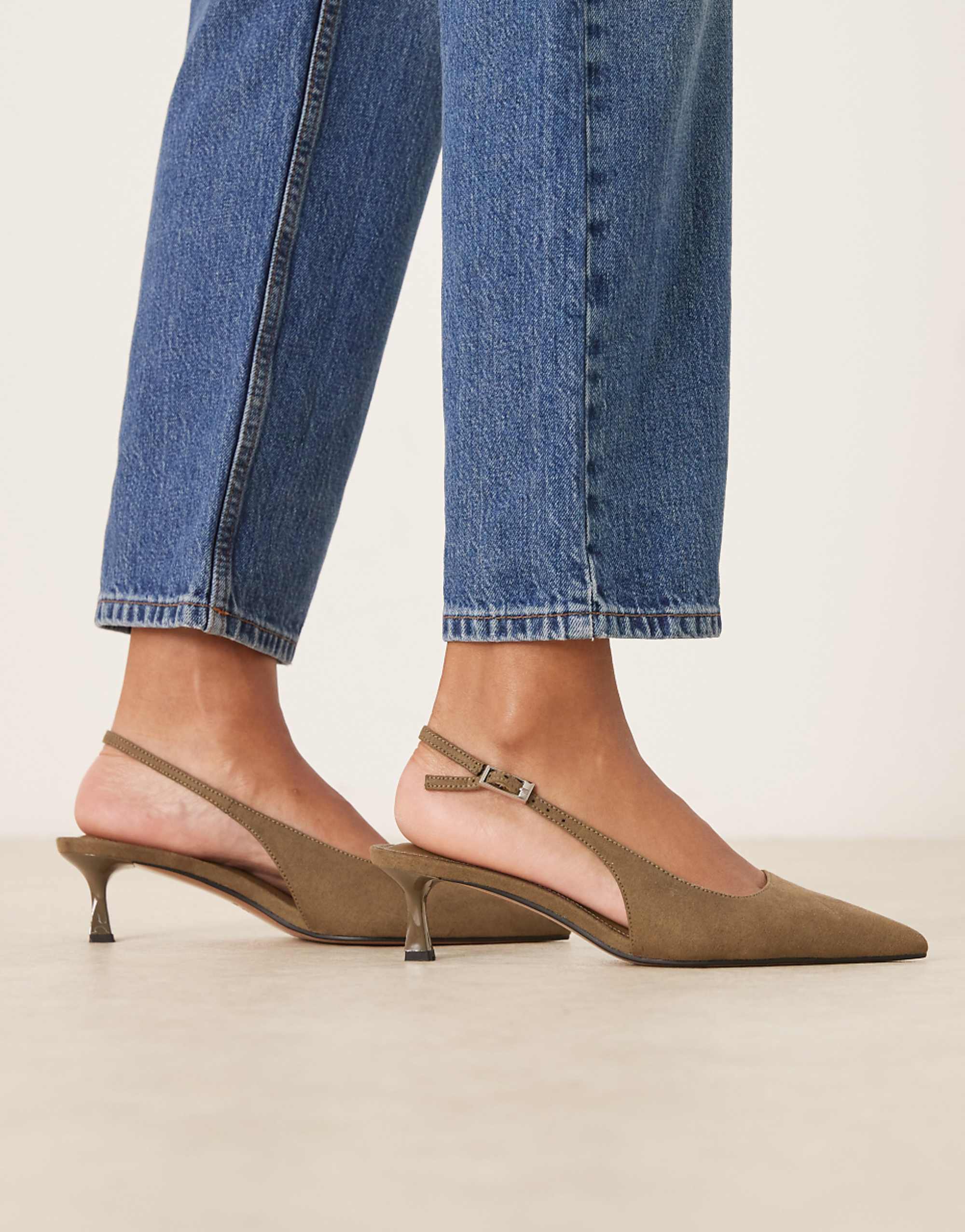 Asos Design Wide Fit Skip Slingback Kitten Heel Shoes in Olive Suedette