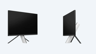 Product shots of two black and white monitors facing inwards towards each other