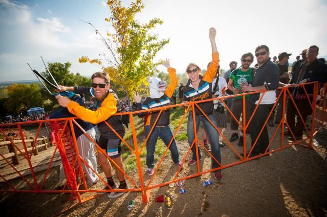 Some of the crazy fans horsing around at the top of The 5280' Run-Up moments after the start of the elite mens race. Boulder Cup.