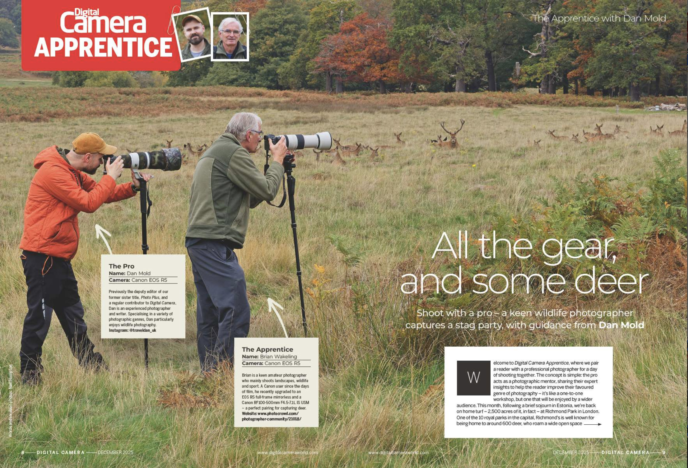 Image showing the first two pages of the Apprentice article in issue 301 (December 2025) of Digital Camera magazine, a masterclass in photographing deer and the annual deer rut
