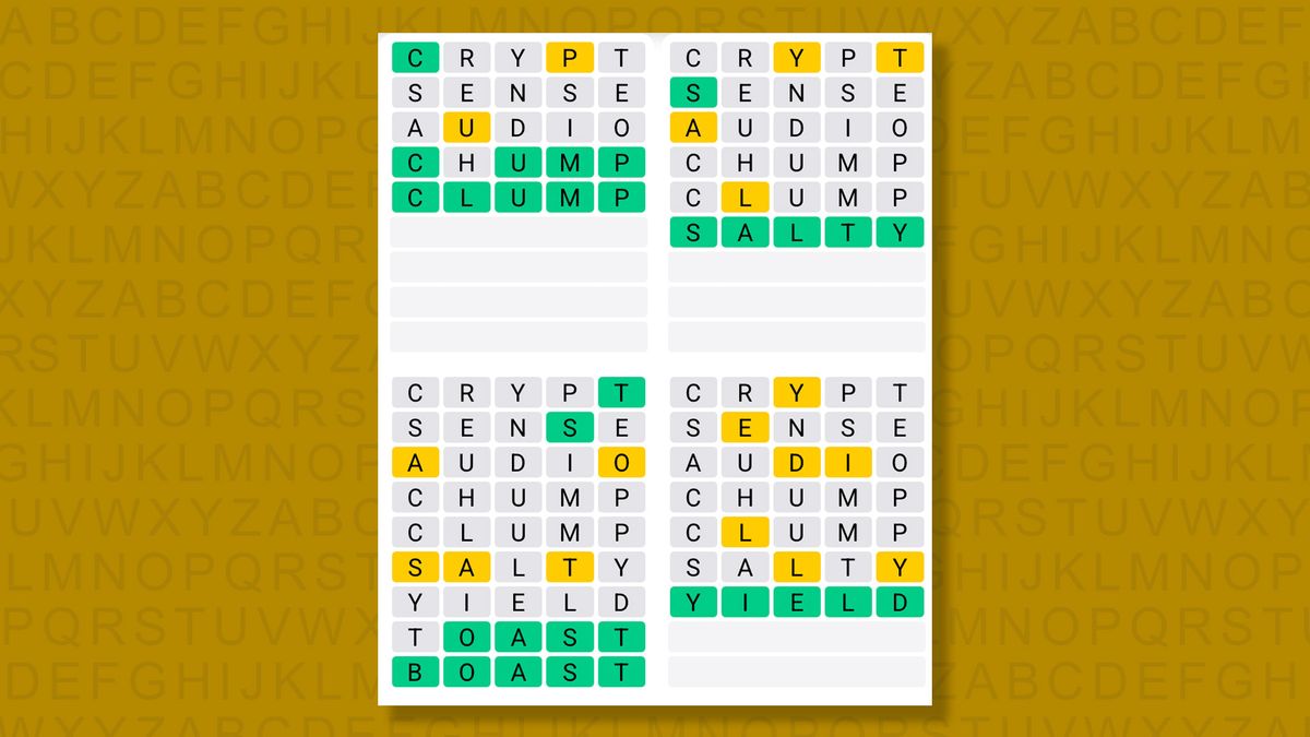 Quordle answers for game 1568 on a yellow background