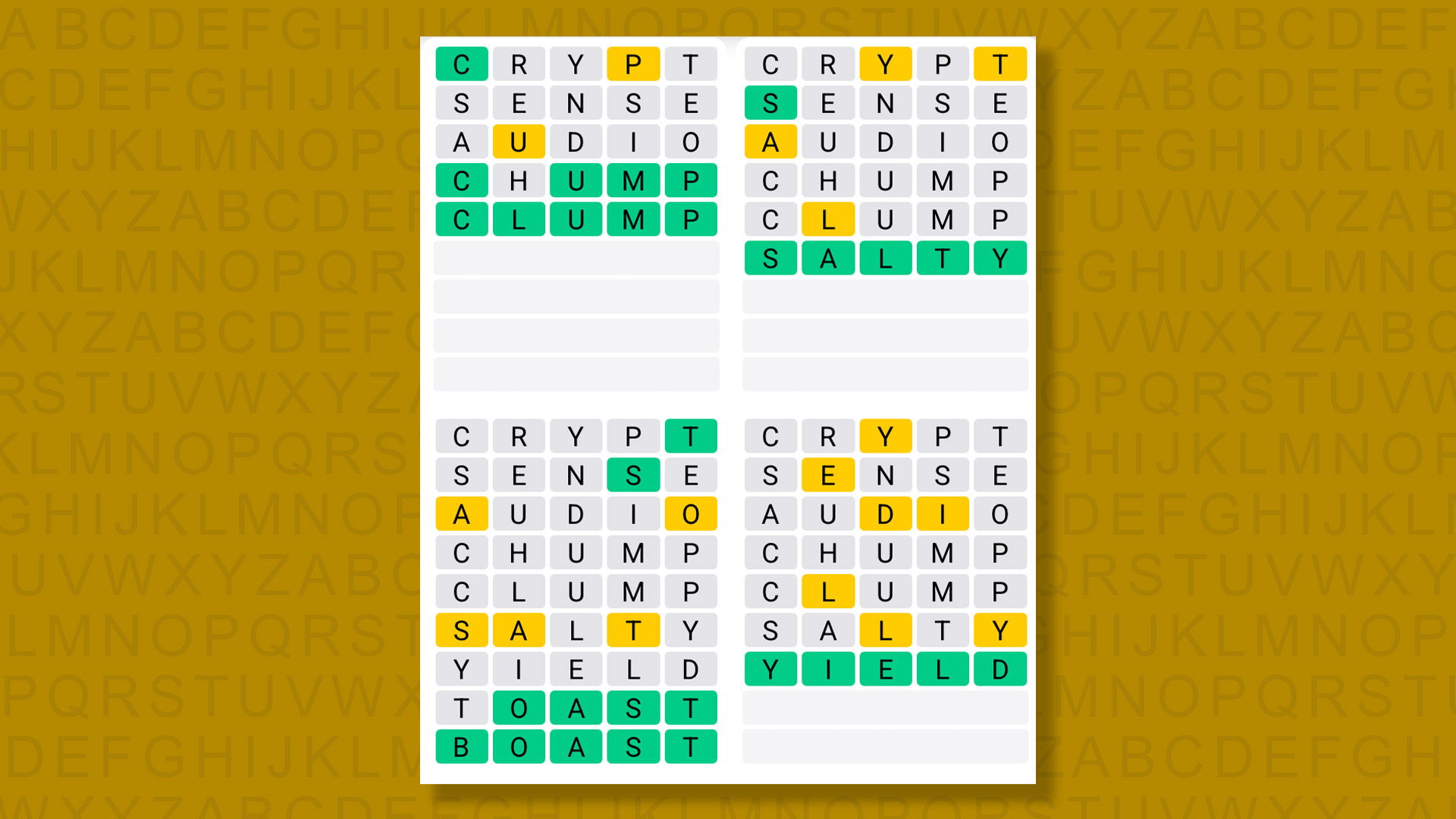 Quordle answers for game 1568 on a yellow background
