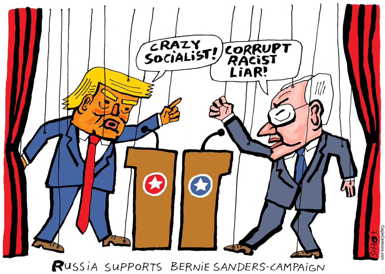 Political Cartoon U.S. Russian puppets Sanders Trump 2020 election