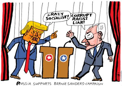 Political Cartoon U.S. Russian puppets Sanders Trump 2020 election