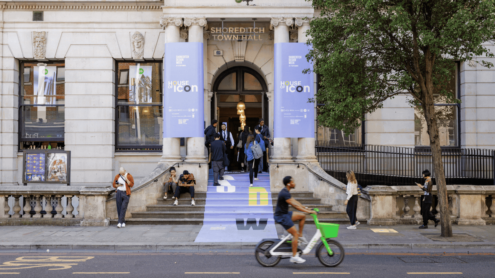 Rotating GIF showing three images of Shoreditch Design Week. Two images are of the exterior of buildings in the Shoreditch area and one is a group of people standing in a circle indoors.