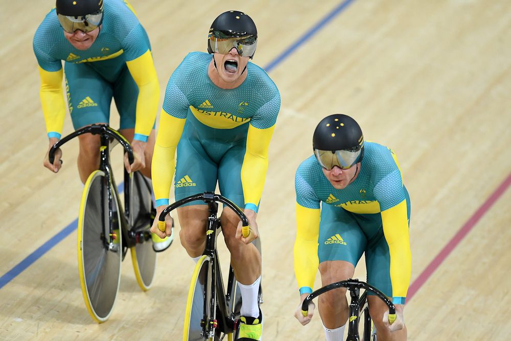 Nathan Hart, Matthew Glaetzer and Patrick Constable of Australia compete in the Men's Team Sprint