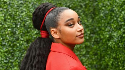 Hair, Hairstyle, Beauty, Black hair, Ear, Lip, Hair accessory, Neck, Long hair, Ponytail, 