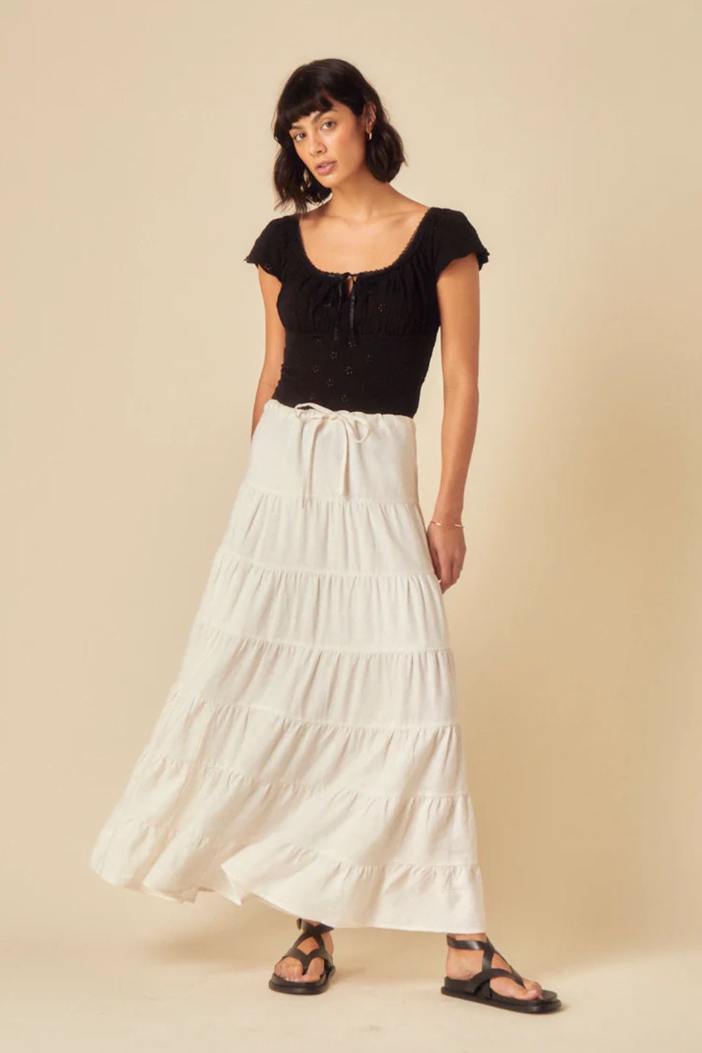 Nobody's Child White Linen-blend Tie Waist Tiered Skirt