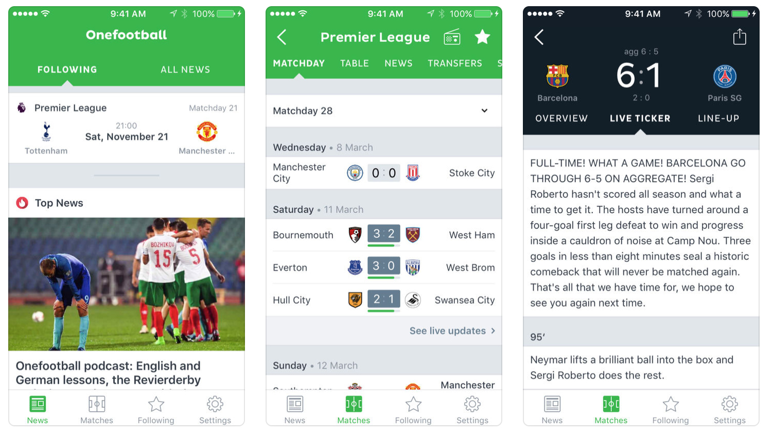 A screenshot of the Onefootball app