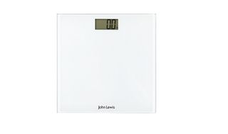 A set of John Lewis branded bathroom scales in white colorway