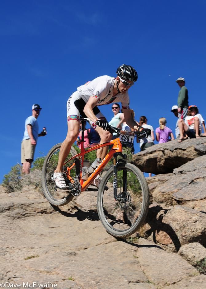 A Skratch Laps racer hitting a big rocky descent