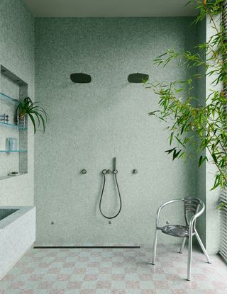 A bathroom with a storage niche in the walls