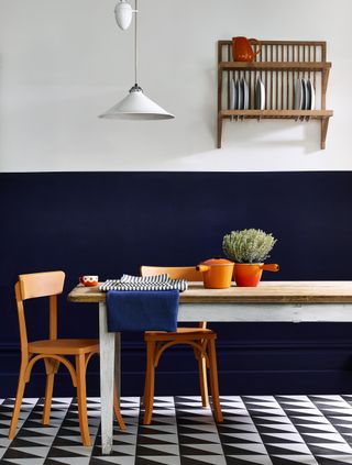 Annie Sloan 50:50 white and blue painted walls in modern kitchen with geometric tiled floor