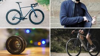 A collage showing two bikes, a jacket and a camera lens