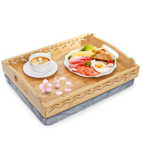 Okllen Bamboo Lap Tray With Detachable Cushion & Handles, 16"x12.2" Breakfast Bed Tray for Eating, Recliner/sofa/bed, Housewarming Gift​