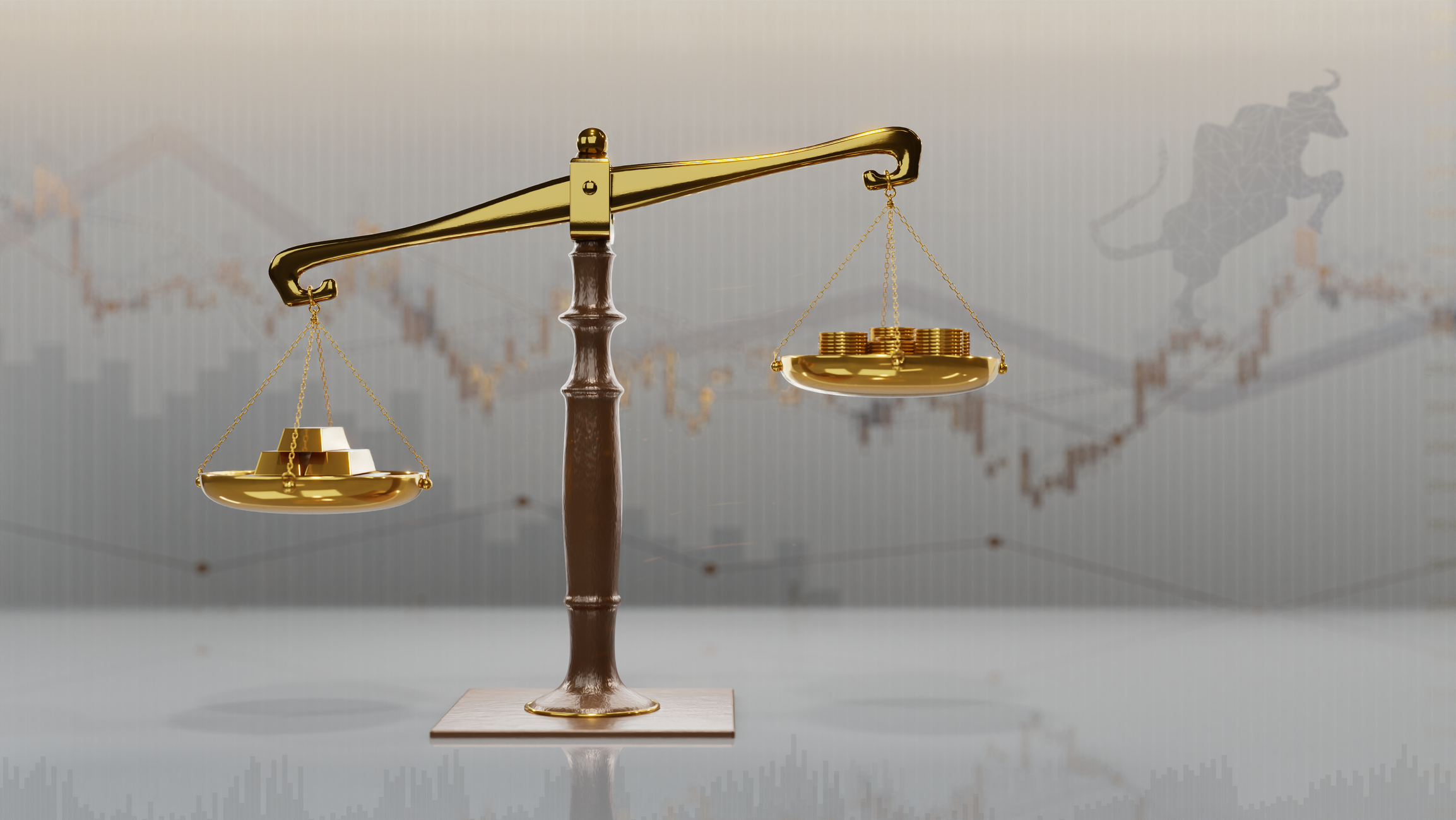 Gold bar and gold coins on weighing scale and white stock market graph background.