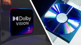 The logo for Dolby Vision 2, and a photo of a Blu-ray disc in a player