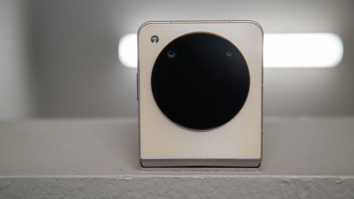 The Nubia Flip 5G on counter with a light behind it