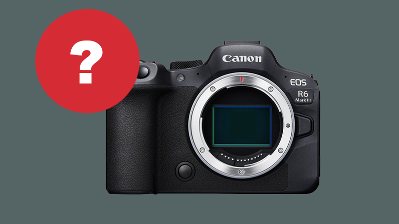 Front view of a Canon EOS R6 Mark III camera with a question mark overlay, indicating uncertainty or inquiry about the model